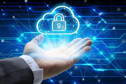 Hand holding with virtual screen cloud computing and padlock 스톡 사진