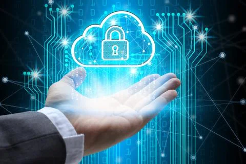 Hand holding with virtual screen cloud computing and padlock Stock Photos
