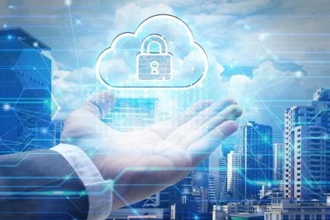 Hand holding with virtual screen cloud computing and padlock Stock-Fotos