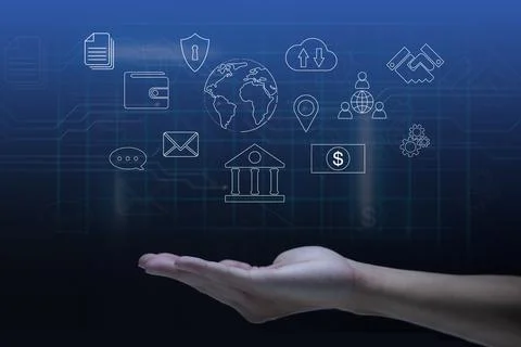 Hand holding virtual screen to do online transactions with internet technolog Stock Photos