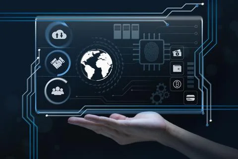 Hand holding virtual screen to do online transactions with internet technolog Stock Photos