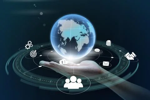 Hand holding virtual screen to do online transactions with internet technolog Stock Photos