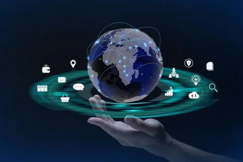 Hand holding virtual screen to do online transactions with internet technolog Stock Photos