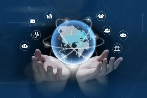 Hand holding virtual screen to do online transactions with internet technolog Stock Photos