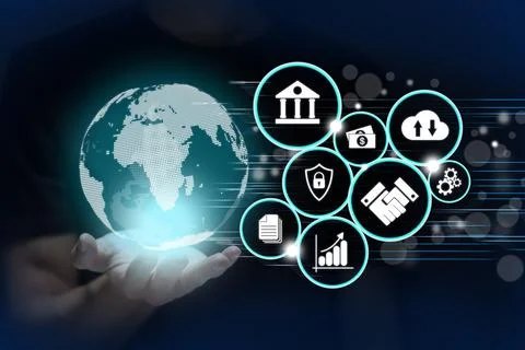 Hand holding virtual screen to do online transactions with internet technolog Stock Photos