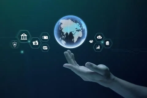 Hand holding virtual screen to do online transactions with internet technolog Stock Photos