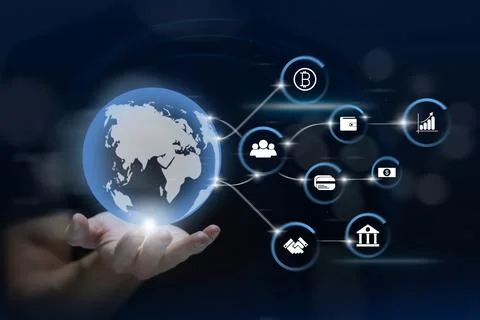 Hand holding virtual screen to do online transactions with internet technolog Stock Photos