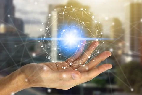Hand holding with virtual screen over the Network connection. Foto stock