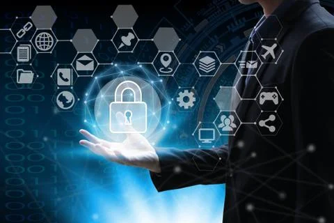 Hand holding with virtual screen padlock and Interface Icons global network   Stock Photos