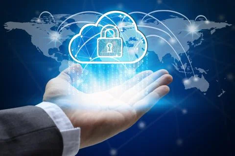 Hand holding with virtual screen padlock and cloud computing global network   스톡 사진
