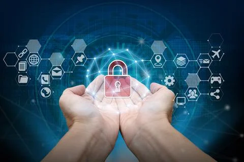 Hand holding with virtual screen padlock and cloud computing Stock Photos