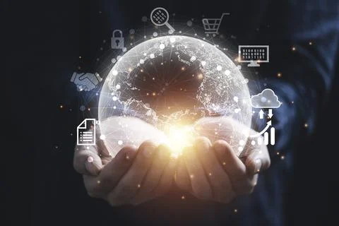 Hand holding virtual world with connection and technology icon for globalis.. Stock-Fotos