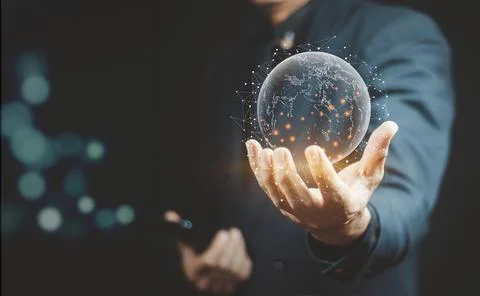 Hand holding virtual world with copy space for technology information . Stock Photos