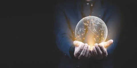 Hand holding virtual world with copy space . Stock Photos