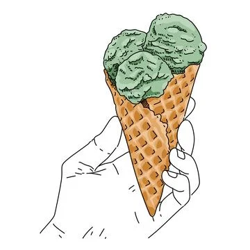 Hand holding a waffle cone with mint flavor green ice cream. Street food and Sna Stock Illustration