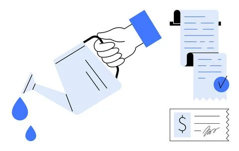 Hand Holding Watering Can with Documents and Financial Statements Illustrazione stock