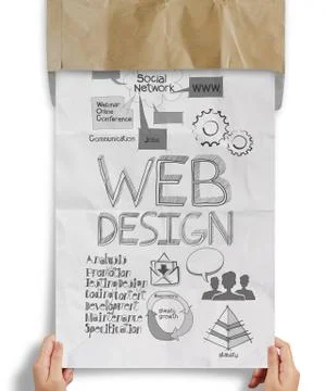 Hand holding web design handrawn icons on  paper background poster as concept Stock-Illustration