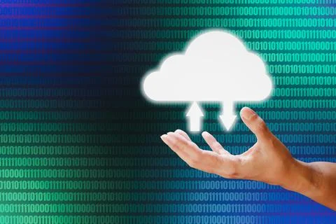 Hand holding white cloud storage computing icon on blue and green binary co.. Fotos Stock