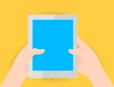 Hand holding white colored tablet blue screen Stock Illustration