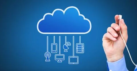 Hand holding wire connection with cloud devices 스톡 사진