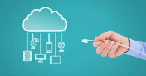 Hand holding wire connection with cloud devices Stock Photos