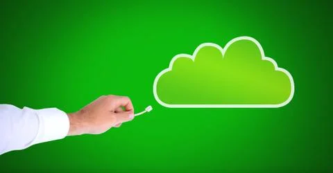 Hand holding wire connection with cloud Foto stock