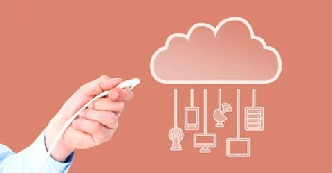 Hand holding wire connection with cloud devices Stock Photos