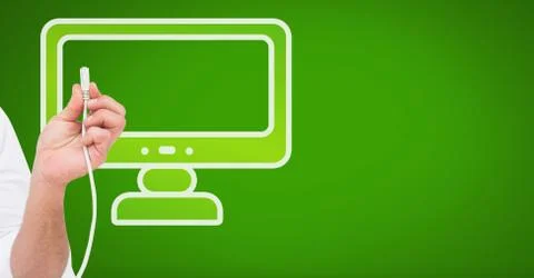 Hand holding wire connection with computer icon Stock Photos