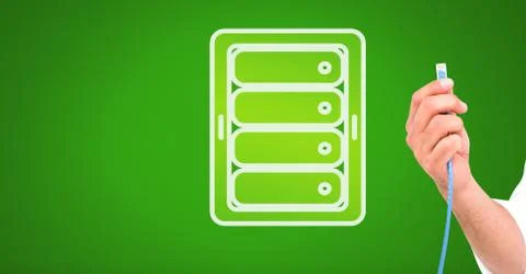 Hand holding wire connection with server icon Stock Photos