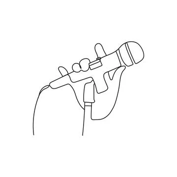 Hand holding wired microphone. One line art. Illustrazione stock