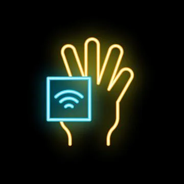 Hand holding wireless network neon sign icon on black background Stock Illustration