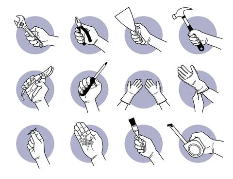 Hand holding work tools equipment. Vector illustrations of hand holding spann Stock Illustration