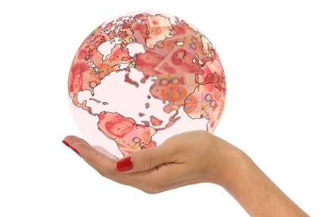 Hand holding world map made from Chinese yuan Stock Photos