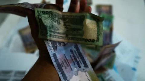 Hand Holding Worn Currency Notes, A hand holding various denominations of w.. Stock Footage 304961598