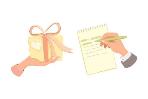 Hand Holding Wrapped Gift Box and Writing in Notepad Vector Set 스톡 일러스트