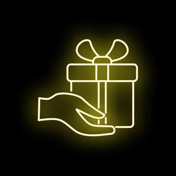Hand holding wrapped gift box neon icon Stock Illustration