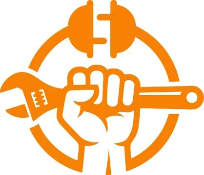 Hand holding wrench, electrical plug and circle, orange icon Иллюстрация