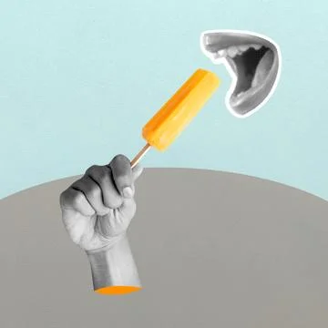 A hand holding a yellow ice cream stick with a black and white background Illustration