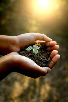 Hand holding a young tree sapling,caring for plants Stock Photos