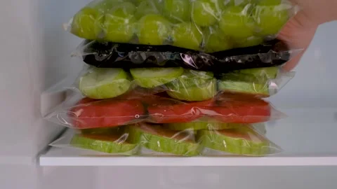 Hand holding zip-lock bag with zucchini against refrigerator background. Stock Footage 285579566