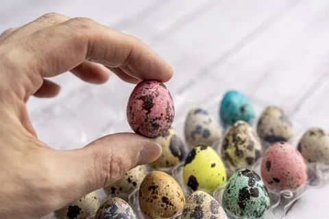 The hand holds a beautiful Easter egg. colorful Easter eggs in a container Foto stock