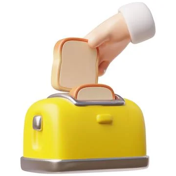 Hand holds bread slice and toaster 3D plastic style vector icon, cartoon fry 스톡 일러스트