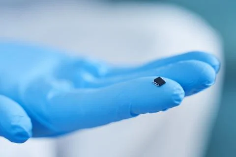 Hand holds chip compenent. Embedding the chip under human skin, microcontroll Stock Photos