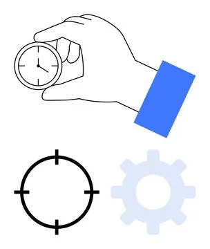 Hand holds clock, black target circle, light blue gear wheel convey time mana Illustrazione stock