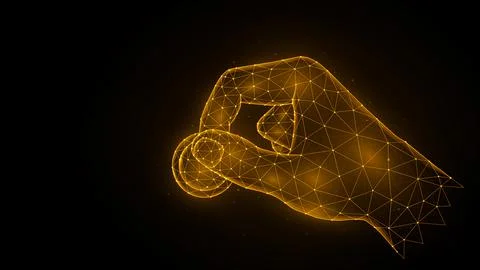 Hand holds a coin polygonal vector illustration on a black background. Invest Stock Illustration
