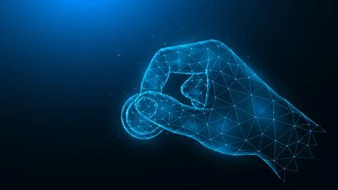 Hand holds a coin polygonal vector illustration on a dark blue background. In Stock Illustration