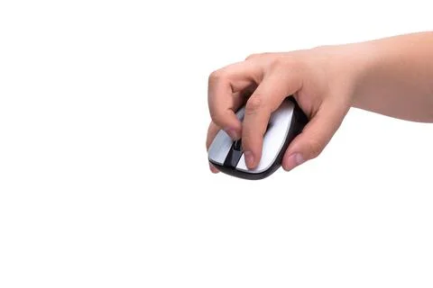 Hand holds computer mouse isolated on white background Foto stock