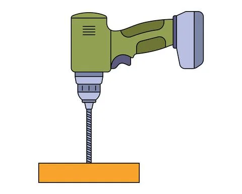 A hand holds a drill and twists a bolt into a tree. construction tool for Illustration