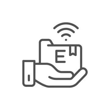 Hand holds e-learning folder, online education line icon. Stockillustratie