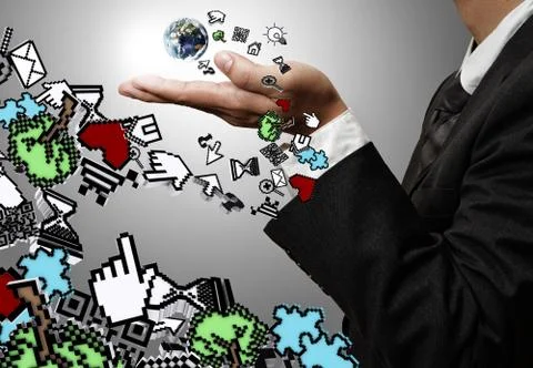Hand holds the earth and computer icons Stock Illustration